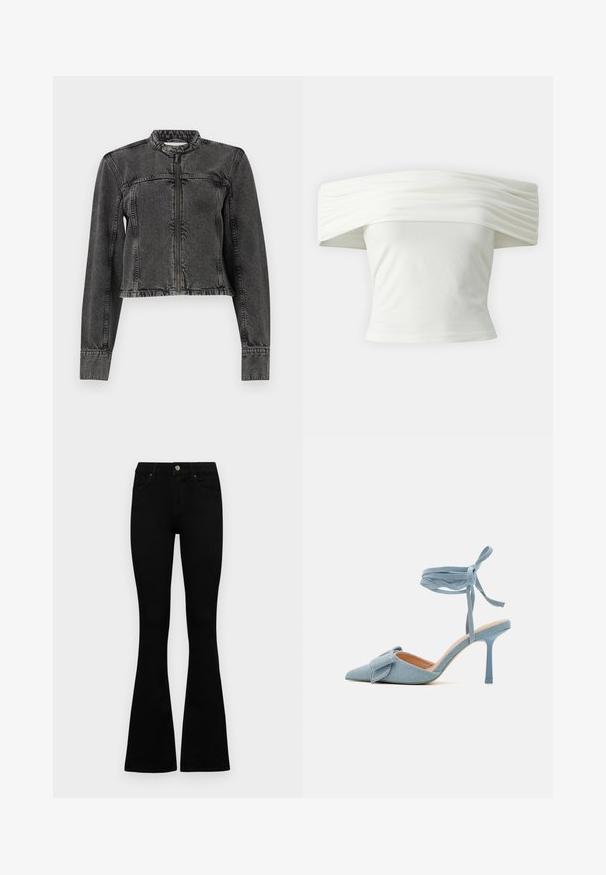 Veste en denim noir au design court, avec fermeture éclair à l'avant, col sans col et ourlet effiloché. Présente des accents cousus sur les épaules et les manches.; Haut blanc décolleté avec un col structuré plissé et un buste ajusté. Fabriqué en tissu doux avec une texture lisse.; Jean noir taille haute avec fermeture à bouton et à zip, poches avant et jambes évasées, posés à plat sur un fond blanc.; Escarpin à bout pointu en tissu bleu clair avec une finition texturée, muni d'un accent en nœud et d'une bride à la cheville pour un maintien sécurisé.