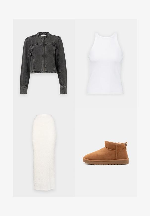 Fekete farmerdzseki, rövidített szabással, cipzáros elülső résszel, nyakkivágás nélkül és rojtos szegéllyel. Vállain és ujjain varrott díszítések találhatók.; Fehér ujjatlan trikó ribbed anyagból, lekerekített nyakkivágással és testhez simuló siluettel, minimális varrásokkal és díszítések nélkül.; Gina Tricot STRUCTURE MAXI SKIRT - Maxi szoknya - white; Call it Spring JAMIELEE - Téli csizmák - camel