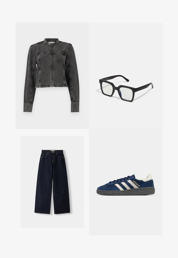 Jachetă din denim negru cu un design scurtat, fermoar frontal, gât fără rever și margini destramate. Prezintă accente cusute pe umeri și mâneci.; Top alb fără mâneci, confecționat din material ribbed, prezentând un decolteu rotund și o siluetă ajustată, cu cusături minime și fără ornamente.; Jeans wide-leg din denim albastru închis, cu talie înaltă, cinci buzunare, cusături în contrast și elemente metalice argintii. Textură netedă și finisaj curat.; Tenisi din suede bleumarin cu dungi albe, detaliu auriu "Spezial", talpă texturată gri, vârf rotund și șireturi asortate. Design clasic.; Ochelari de soare negri cu un finisaj mat, având lentile transparente și o ușoară nuanță albastră pe o parte. Design robust și unghiular.