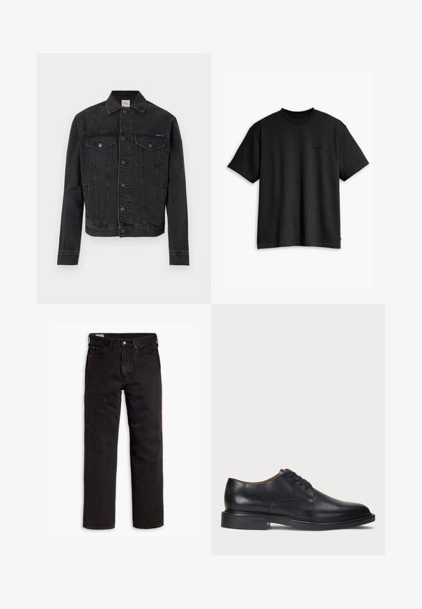 Juoda džinso striukė su sagomis priekyje, dvi krūtinės kišenės su sagomis, šoniniai kišenės ir apykaklė, išdėliota ant balto fono.; Juodas medvilnės marškinėliai su apvaliu kaklu ir trumpomis rankovėmis. Su subtiliu priekyje esančiu logotipu ir tiesia apatine dalimi. Paprastas ir minimalistiškas dizainas.; Juodos tiesios kojų džinsinės kelnės su penkiomis kišenėmis, mygtuko užsegimu ir diržo kilpomis, išdėstytos plokščiai ant balto fono.; Juodas odinis suknių batelis su apvalia nosimi, raišteliais ir žemu, sukrautu kulnu. Lygus paviršius su minimaliais siuvinėjimo detalėmis.