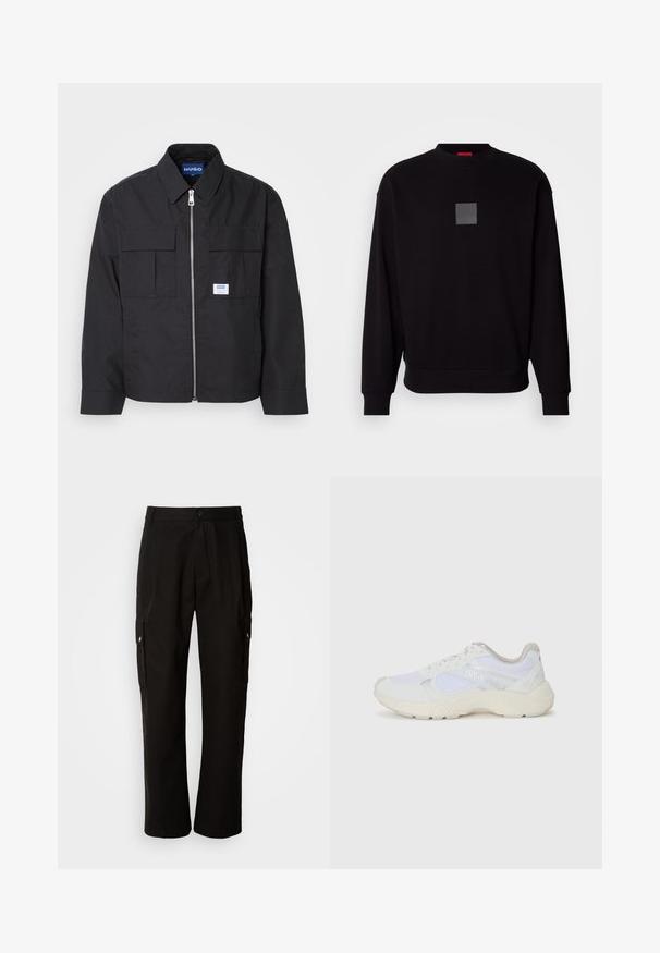 Black jacket with a zip front, pointed collar, and two chest pockets. Features a patch logo and textured fabric. Tailored fit with long sleeves.; Black sweatshirt with long sleeves, round neckline, a front gray square logo, soft texture, and ribbed cuffs and hem.; Black cargo pants made of cotton with a relaxed fit, featuring side pockets, a button closure, and straight legs. Simple design without patterns.; White athletic shoes made of mesh and suede, featuring a textured midsole, textured accents, and "HUGO" logo on the side.