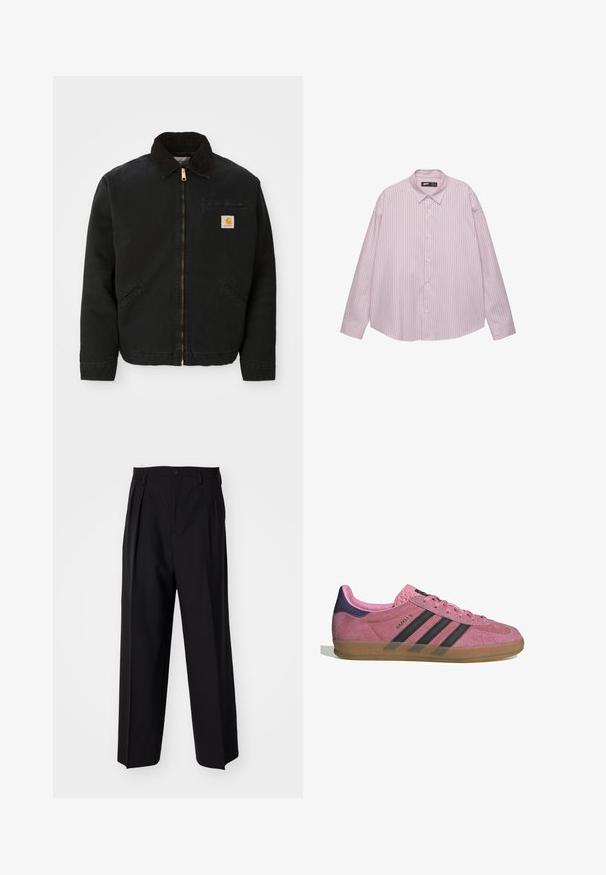 Sort zip-up jakke med brun kordfløjlskrave, to sidelommer og et lille firkantet Carhartt logo patch på venstre bryst.; Lyserød skjorte med knaplukning, vertikale blå striber, krave, lange ærmer og en løs pasform. Fremstillet af glat stof med en let glans.; Sorte plisserede bukser med et lige, bred ben-design. Fremstillet af glat stof, med en knaplukning og bæltesløjfer.; Lyserøde ruskinds sneakers med sorte striber, gummisål og struktureret lilla hæl. Har snøredesign og præget branding på siden.