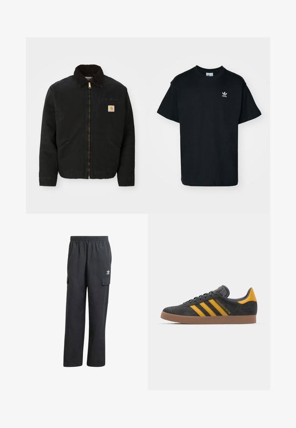 Svarte zip-up jakke med brun kordfløyelskrage, to sidelommer og en liten firkantet Carhartt-logo på venstre bryst.; Svart bomull T-skjorte med rund hals og korte ermer, med en liten hvit Adidas-logo på venstre brystområde.; Sorte cargo-bukser med elastisk linning, to sidelommer og en subtil logo på venstre lår. Fremstillet af et letvægtsstof.; Sort skinnesko i svart semsket skinn med gule detaljer, med tre striper og en brun gummisåle. Inkluderer en polstret tunge for komfort.