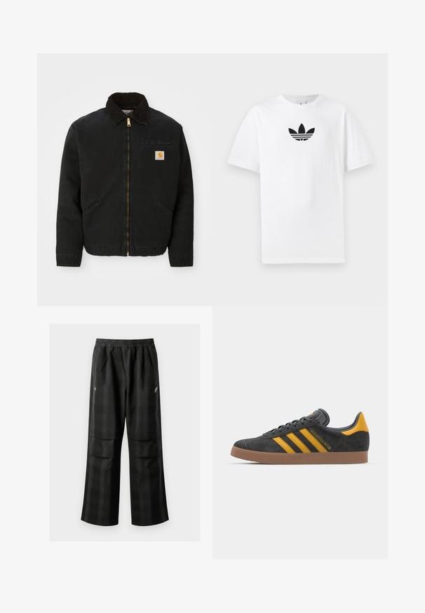 Mustan lukuga vest, millel on pruunist kangast krae, kaks küljetaskut ja väike ruudukujuline Carhartti logo patch vasakul rinnal.; Valge puuvillane T-särk, millel on must Adidas logo keskel. Lühikesed varrukad ja ümmargune kaelus. Sile tekstuur.; Mustas ruudulised püksid, millel on elastne vöökoht, kaks esimest taskut ja laiem lõige sirge jala disainiga. Valmistatud kergest materjalist.; Mustad sametist spordijalatsid kollaste aktsentidega, millel on kolm triipu ja pruun kummitald. Mugavuse tagamiseks on neil pehmendatud keele osa.