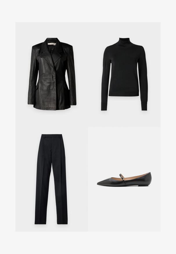 REMAIN Leather jacket - black; Black long-sleeve turtleneck sweater with ribbed cuffs and hem, displayed on a plain white background.; Black trousers made from smooth fabric featuring a high waist, wide legs, front pleats, and classic belt loops. No side pockets visible.; Black leather ballet flats with a pointed toe and a side strap featuring a circular gold accent. Lightweight with a flat sole.