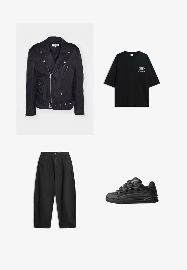 MM6 Maison Margiela Ľahká bunda - black; Čierne oversize bavlnené tričko s okrúhlym výstrihom a krátkymi rukávmi, s bielym logom "Shibuya" potlačeným na prednej strane.; Čierne široké nohavice z bavlny s vysokým pásom, prednými vreckami a jemnými švovými detailmi. Hladká textura bez vzorov.; Čierne tenisky s hladkým koženým zvrškom, štruktúrovanými akcentami a okrúhlymi čierno-bielymi šnúrkami. Hrubá gumená podrážka s vzorovaným dezénom.