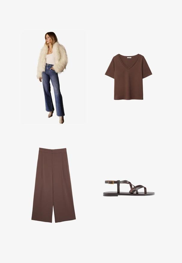 Friends Like These Zimska jakna - cream; Rjava bombažna majica s kratkimi rokavi in globokim V-izrezom. Preprost dizajn, mehak material in raven rob. Brez vzorcev ali dekorativnih elementov.; Rjave široke hlače z gladko teksturo, ki imajo visok pas in sprednje naborke. Tkanina je lahka in prosto pada.; Rjav usnjen sandal z načinom prečnega črta, zaklepom okoli gležnja in ravnim podplatom z minimalnimi šivi.
