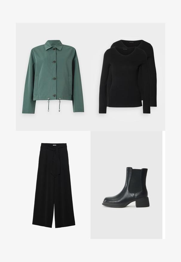 Zaļa, viegla jaka ar pogu priekšpusi, apkakli, divām sānu kabatām un regulējamiem šnūriem apakšmalā. Gluda tekstūra.; Divi melni krekli ar garām piedurknēm un V-veida kakla izgriezumu, izgatavoti no mīksta, elastīga auduma, ar gludu tekstūru un pieguļošu formas.; Melni platleņķa bikses ar teksturētu audumu, elastīgu jostu un noņemamu siksnu viduklī, kas nodrošina regulējamu piegulšanu.; Melnas ādas potīšu zābaki ar elastīgām sānu daļām, noapaļota purngala forma un zems blokveida papēdis. Virsma ir gluda un ar minimālu detalizāciju.