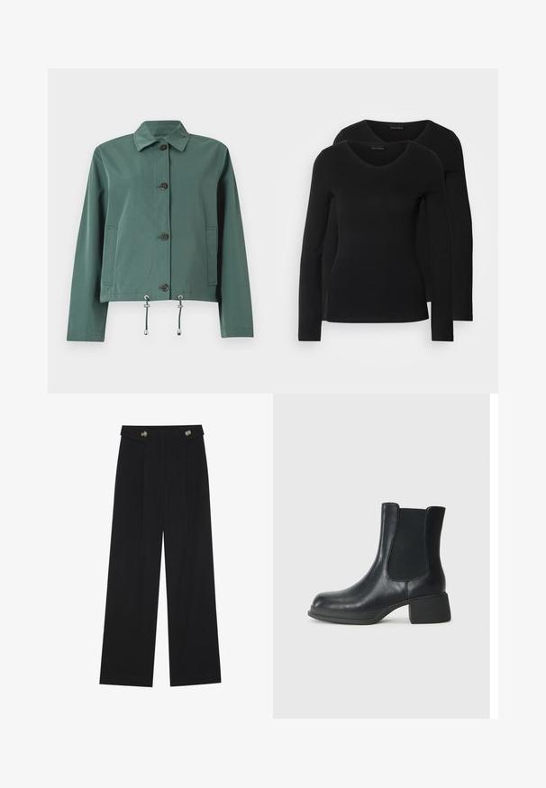 Zelená, lehká bunda s knoflíkovým zapínáním, límečkem, dvěma bočními kapsami a nastavitelnými šňůrkami v pase. Hladká textura.; Dvě černé dlouhé rukávy trička s výstřihem do V, vyrobené z měkkého, elastického materiálu, s hladkou texturou a přiléhavým střihem.; Černé široké kalhoty s vysokým pasem, detailní knoflíky na pase a přední záhyby.; Černá kožená kotníková bota s elastickými bočními panely, zaoblenou špičkou a nízkým blokovým podpatkem. Povrch má hladkou texturu a minimální detaily.