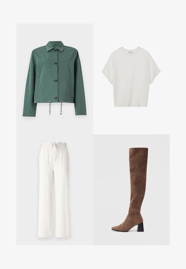 Grønn, lett jakke med knappestengning, krage, to sidelommer og justerbare snorer i kanten. Glatt tekstur.; Hvit t-skjorte med korte ermer, bred rund hals og teksturert ribbet mønster, laget av myk stoff, med en avslappet passform og et enkelt design.; Hvite vide bukser laget av myk stoff, med snor i livet og jevn tekstur. Ingen mønstre eller dekorasjoner synlige.; Brune over-the-knee støvler laget av myk semsket skinn med spiss tå og en tykk svart hæl. Designet har sømløse sømmer for et elegant utseende.