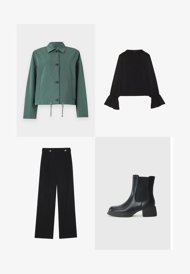 Žalias, lengvas džemperis su sagomis priekyje, su apykakle, dviem šoniniais kišenėmis ir reguliuojamais raišteliais ant apačios. Lygus paviršius.; Juoda ilgomis rankovėmis palaidinė su išsiplėtusiais rankogaliais, minkšta tekstūra ir laisva forma, su paprastu apvaliu kaklu.; Juodi plačios kojos kelnės su aukštu liemeniu, sagų detalėmis ant liemens ir priekinėmis raukšlėmis.; Juodos odinės kulkšninių botai su elastingais šonais, suapvalintu bato pirštu ir žemu bloko kulnu. Paviršius yra lygus ir turi minimalų dekoravimą.