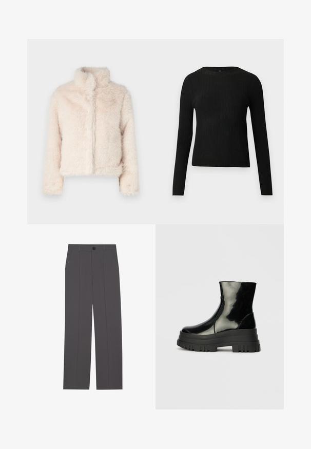 Trumpas dirbtinio kailio paltas šviesiai bežiniu atspalviu, su aukšta apykakle, ilgomis rankovėmis ir minkšta, tekstūruota paviršiumi. Be matomų užsegimų ar raštų.; Juoda dryžuota ilga rankovė prigludusi megztinis su apvalia iškirpte, pateiktas prieš paprastą šviesią fono.; Pilkos kelnės su tiesaus kirpimo dizainu, turinčios dvi šonines kišenes ir mygtuko užsegimą. Lygus audinys be matomų raštų ar akcentų.; Juodas blizgus kulkšninis botas su storu iškilniu padu ir apvaliu pirštu, šoninis vaizdas ant vientiso šviesiai pilko fono.