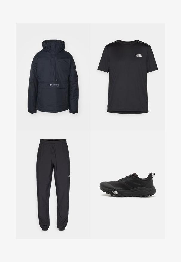 Sort hættepullover med en frontlomme, justerbare snore og logo-detalje på den nedre front. Holdbart, vandafvisende stof.; Sort t-shirt med korte ærmer lavet af letvægtsstof. Har et lille hvidt logo på venstre bryst og diskrete skuldrelementer.; Sorte atletiske bukser lavet af letvægtsstof, med en snor i taljen, sidelommer og tapered manchetter ved anklerne.; Sort trail løbesko med en struktureret overdel, gummisål og forstærket tåhætte. Har en polstret krave og en pull-tab til nem påtagning.