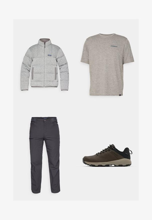 Sivá nafukovacia bunda s prešívaným dizajnom, vysokým golierom, predným zipsom a sivými akcentmi na vreckách. Vyrobená z textúrovanej tkaniny.; Sivý tričko s krátkym rukávom vyrobené z jemnej, textúrovanej tkaniny, s malým modrým logom Patagonia na ľavej strane hrude. Žiadne ďalšie vzory.; Tmavošedé nohavice vyrobené z odolného materiálu, s vreckom na zips, rovnými nohavicami a pútkami na opasok pre nastavenie veľkosti.; Hnedé vodoodolné tenisky s textúrovaným zvrškom, perforovanými detailmi, čiernou oporou päty a šedou gumovou podrážkou. Šnúrky sú ozdobené kovovými koncami.