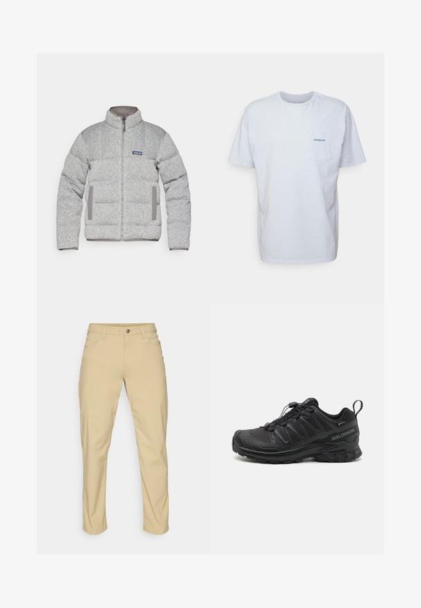 Szürke puffertakó, steppelési mintával, magas gallérral, elülső cipzárral és szürke díszítéssel a zsebeknél. Texturált anyagból készült.; Fehér pamut póló rövid ujjakkal, kerek nyakkal és bal oldalon elhelyezett zsebbel, amelyen egy kék "Patagonia" logó található. Klasszikus szabású, sima textúrával.; Patagonia QUANDARY PANTS - Szabadtéri nadrágok - classic tan; Fekete sportcipő, texturált szintetikus felsőrésszel, párnázott talppal és gyorsfűző rendszerrel. Erősített orral és sarokkal rendelkezik.