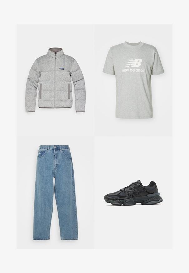 Casaco puffer cinzento com design acolchoado, gola alta, fecho à frente e detalhes cinzentos nos bolsos. Feito de tecido texturizado.; T-shirt de algodão cinza claro com mangas curtas, decote redondo e o logotipo branco "New Balance" em destaque na parte da frente.; Jeans de denim azul claro com cintura alta e corte relaxado, apresentando dois bolsos frontais, um bolso traseiro com etiqueta e fecho de botão.; Sapato de corrida preto com uma combinação de malha e materiais sintéticos, sola robusta, design curvado e uma marca de destaque na lateral.