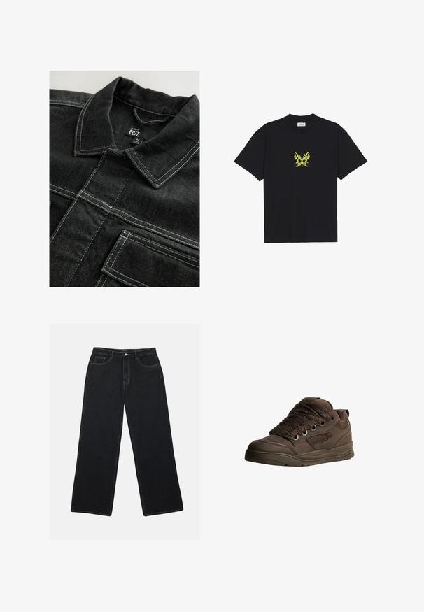 Sort denimjakke med kontrastfarvet hvid syning, krave og brystlommer, med en struktureret stofoverflade.; Sort bomulds t-shirt med et lille, gult flamme-mønsteret sommerfugl grafik på brystet. Rund halsudskæring, korte ærmer.; Sorte denim bukser med vidde har en høj talje, frontlommer og kontrasterende syninger. Stoffet har en glat, let struktureret overflade.; Brune sportsko lavet af glat syntetisk materiale. Har tykke snørebånd, mesh-detaljer, polstret krave og struktureret gummisål.