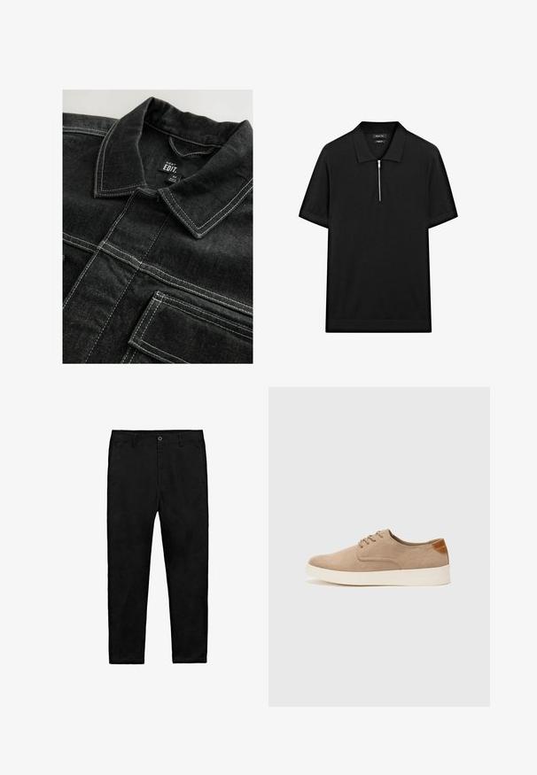 Schwarze Jeansjacke mit kontrastierenden weißen Nähten, einem kragenförmigen Ausschnitt und Brusttaschen, die eine strukturierte Stoffoberfläche aufweist.; Schwarzes kurzärmliges Poloshirt mit Stehkragen und einem Reißverschluss vorne. Hergestellt aus einem glatten Stoff mit einem klaren, minimalistischen Design.; Schwarze gerade Hosen mit Knopfverschluss, Gürtelschlaufen und seitlichen Taschen, flach auf einem weißen Hintergrund ausgelegt.; Beige Wildleder-Sneaker mit runder Zehenpartie, Schnürung und strukturiertem Rückenteil. Die weiße Gummisohle sorgt für einen Kontrast. Einfaches und modernes Design.