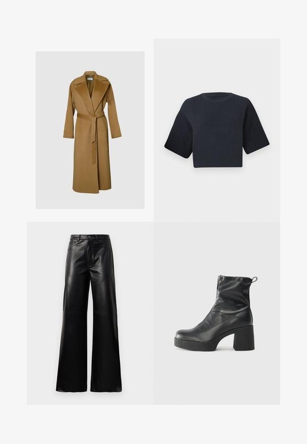 ANDIATA VITORIA - Casaco clássico - sand; Suéter de malha cropped em azul marinho escuro com textura canelada, mangas curtas largas e decote redondo. Design simples, sem padrões ou acentos visíveis.; Calças largas de imitação de couro pretas, de cintura alta, com botão frontal, fecho de correr, passadores de cinto e bolsos laterais sobre fundo branco.; Botas de tornozelo pretas feitas de couro liso, com fecho lateral, salto grosso texturizado e design de bico arredondado.