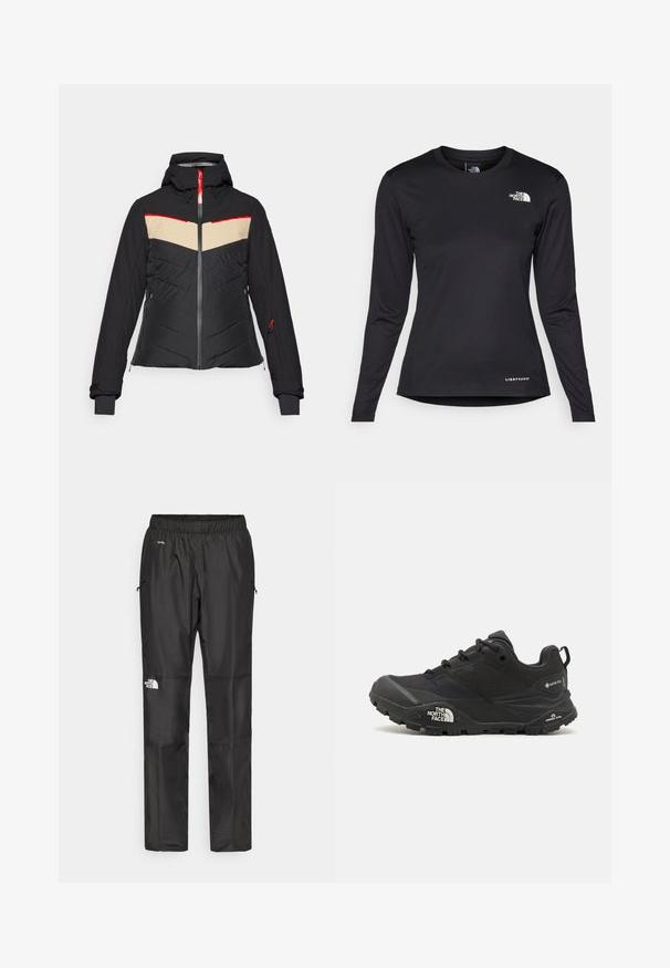 Jachetă izolată neagră cu un design în zigzag bej și roșu. Are glugă, fermoar frontal și buzunare laterale. Textură de țesătură moale.; The North Face SHADOW LONG SLEEVE - Bluză cu mânecă lungă - black; Pantaloni impermeabili negri, confecționați dintr-un material ușor, cu o talie elastică, buzunare laterale și un logo pe piciorul stâng.; Shoe de drumeții de culoare neagră cu un suprafață texturată, închidere cu șire, și o talpă din cauciuc masivă, având un logo proeminent pe lateral și modele de bandă.