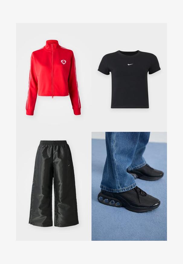 Sarkans jaku ar rāvējslēdzēju un augstu apkakli, ar baltām sānu svītrām un sirds logo kreisajā krūtī. Izgatavota no gludas, elastīgas auduma.; Melns īsām piedurknēm T-krekls no kokvilnas ar apaļu kakla izgriezumu. Ar balto Nike logotipu uz krūtīm, minimālisma dizains un pieguļošs siluets.; Melnas sporta bikses ar spīdīgu, gludu audumu, aprīkotas ar elastīgu jostu, platām kājām un mazu logotipu kreisajā pusē.; Melnas sporta kedas ar sietu augšdaļu, teksturētām akcentiem un redzamajām gaisa amortizācijas podiem zolei. Valkātas ar zilu džinsu biksēm.