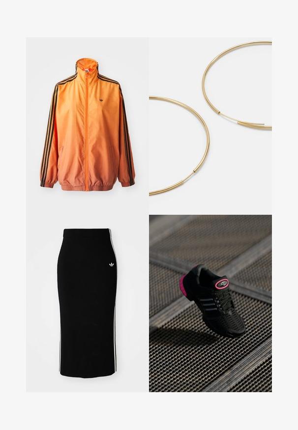 Jakna s trakami v oranžni gradientni barvi, izdelana iz gladkega materiala, z črnimi stranskimi akcenti, visokim ovratnikom in elastičnimi manšetami ter sprednjim zadrgo.; Bela dolga majica s kratkimi rokavi s črnim V-izrezom, kontrastnimi črnimi manšetami in tremi črnimi črtami na vsaki sleve. Majhen logotip na prsih.; Črna rebrasta midi krila s prilegajočim dizajnom, ki ima bele stranske črte in mali bel emblem na levi strani.; Črne atletske čevlje z mrežasto zgornjšo plastjo, rožnate akcenti in črne črtaste podrobnosti. Imajo teksturiran podplat in oznako z logotipom na peti.; Zlate obroče ušesne uhane, tanke in krožne oblike, z gladko kovinsko površino brez okrasnih elementov ali vzorcev.