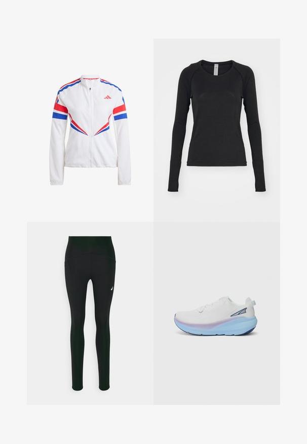 Bílá sportovní bunda s modrými a červenými akcenty, zapínání na zip, vysoký límec a výrazné úhlové vzory na rukávech a trupu.; Černá dlouhá rukávová košile vyrobená z měkké látky. Má kulatý výstřih a raglánové rukávy s otvory na palce na manžetách. Minimalistický design.; Černé legíny s vysokým pasem, mají hladkou texturu a boční kapsy. Jemné reflexní akcenty a detail loga.; Bílé běžecké boty s texturovaným svrškem, mají gradientovou podrážku v modro-fialových odstínech a malé akcentní logo na boku.