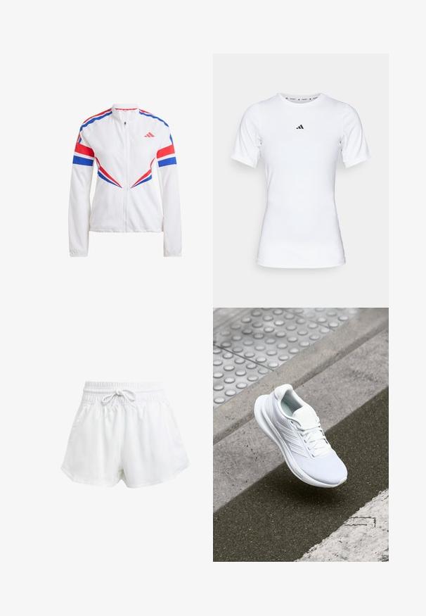 Veste de sport blanche avec des accents bleus et rouges, fermeture éclair à l'avant, col haut et motifs angulaires audacieux sur les manches et le torse.; T-shirt de sport blanc à manches courtes, fabriqué en tissu lisse et extensible. Doté d'un petit logo noir Adidas sur la poitrine.; Shorts de sport blancs avec une taille élastique et un cordon de serrage réglable. Fabriqués en matériau léger, ils sont dotés de poches latérales et d'une coupe ample.; Baskets blanches de sport avec une tige en maille, un design à lacets et une semelle texturée. Marquage subtil et détails de construction sans coutures visibles.