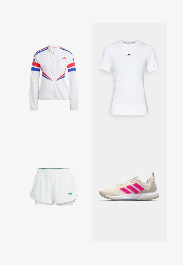 White athletic jacket featuring blue and red accents, zip front, high collar, and bold angular patterns on sleeves and torso.; White athletic shirt with short sleeves, made of smooth, stretch fabric. Features a small black Adidas logo on the chest.; White athletic shorts with a layered design, elastic waistband, green accents, and a small green logo on the lower left side.; Beige athletic shoe with pink three-stripe logo, textured mesh upper, padded collar, and white rubber sole, featuring "LIGHTSTRIKE" branding.
