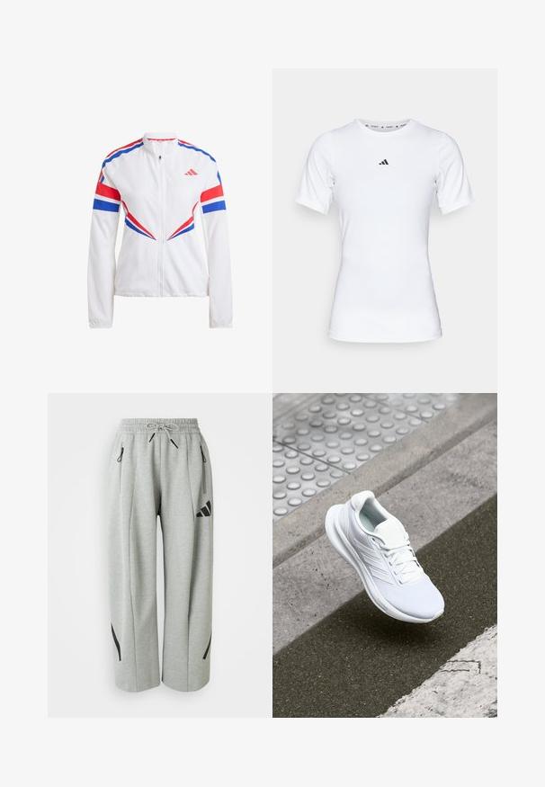 Veste de sport blanche avec des accents bleus et rouges, fermeture éclair à l'avant, col haut et motifs angulaires audacieux sur les manches et le torse.; T-shirt de sport blanc à manches courtes, fabriqué en tissu lisse et extensible. Doté d'un petit logo noir Adidas sur la poitrine.; Pantalons de survêtement gris clair en tissu doux, avec une taille élastique, un cordon de serrage et des accents noirs sur les poches et les côtés.; Baskets blanches de sport avec une tige en maille, un design à lacets et une semelle texturée. Marquage subtil et détails de construction sans coutures visibles.