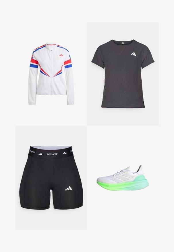 Veste de sport blanche avec des accents bleus et rouges, fermeture éclair à l'avant, col haut et motifs angulaires audacieux sur les manches et le torse.; T-shirt de sport à manches courtes, gris foncé avec une texture perforée. Présente un logo blanc et des rayures latérales contrastantes. Encolure arrondie.; Shorts noirs en tissu extensible avec un design ajusté. Dotés d'une large ceinture noire portant l'étiquette "TECHFIT" et d'un logo blanc sur la jambe.; Chaussure de sport blanche avec un empiècement en maille texturée, une semelle intermédiaire dégradée verte et trois rayures blanches sur le côté. Présente un bout arrondi et une semelle rembourrée.