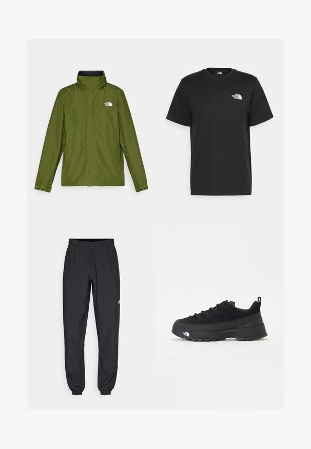 Casaco impermeável verde-oliva com gola alta, mangas longas e logo em relevo no lado esquerdo do peito. Apresenta bolsos com fecho e punhos ajustáveis.; T-shirt de algodão preto com mangas curtas, decote redondo e um pequeno logótipo branco no lado esquerdo do peito. Design simples, textura suave e corte relaxado.; Calças atléticas pretas feitas de tecido leve, com um cós ajustável por cordão, bolsos laterais e punhos afunilados nos tornozelos.; Sapatilha de exterior preta com parte superior em camurça, sola de borracha texturizada e sistema de atacadores robusto. Apresenta um calcanhar reforçado e o logótipo da marca na lateral.