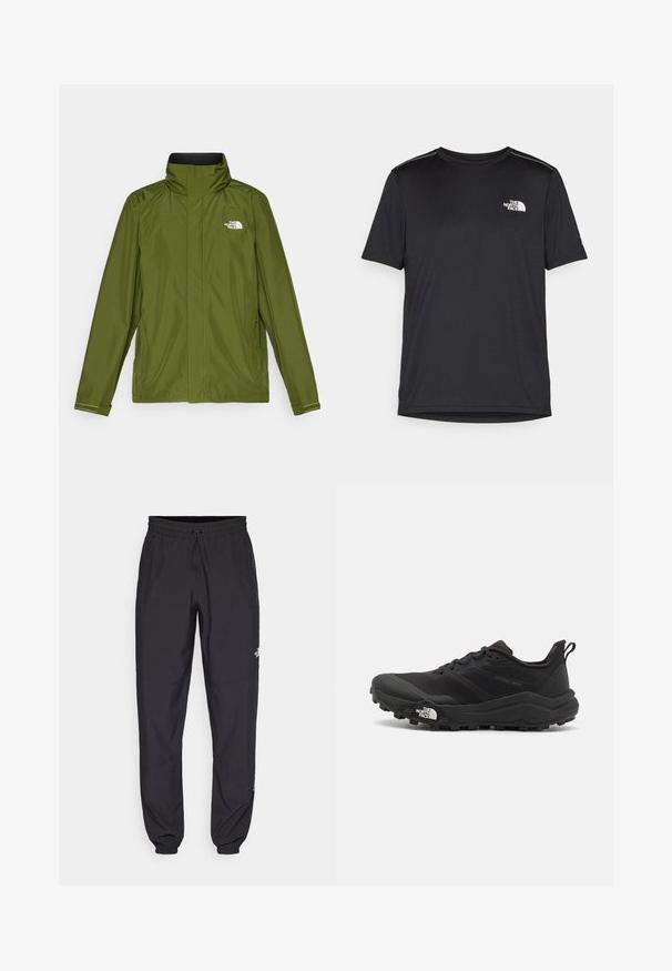 Olivengrønn vanntett jakke med høy krage, lange ermer og preget logo på venstre bryst. Har glidelåslommer og justerbare mansjetter.; Svart kortermet T-skjorte laget av lett materiale. Har en liten hvit logo på venstre bryst og subtile skulderdetaljer.; Sorte idrettsbukser laget av lett stoff, med snor i livet, sidelommer og smale mansjetter ved anklene.; Svart terrengløpesko med teksturert overdel, gummisåle og forsterket tåhette. Har polstret krage og løftestropp for enkel påkledning.