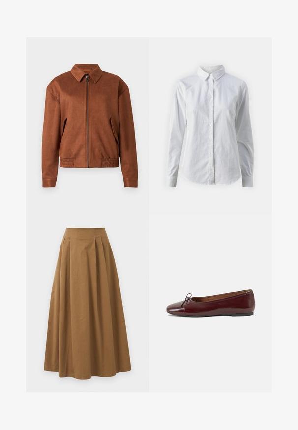 Giacca in suede marrone con zip, colletto, maniche lunghe, orlo elastico e tasche a patta su entrambi i lati, su sfondo bianco.; Camicia bianca con bottoni, realizzata in cotone liscio, dotata di un colletto classico, maniche lunghe e orlo curvo. I bottoni sono piccoli e bianchi.; Gonna A-line in cotone marrone con vita alta, caratterizzata da pince sulla parte anteriore e una texture liscia. Le finiture dell'orlo sono pulite e semplici.; Ballerine in pelle verniciata bordeaux con punta arrotondata, piccolo fiocco decorativo sulla parte anteriore e suola bassa in gomma nera. Texture liscia.