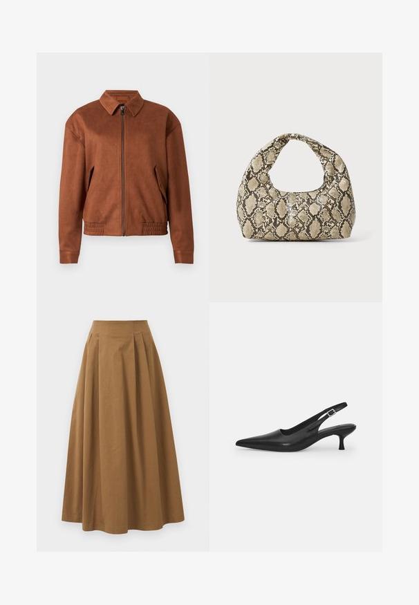 Brown suede zip-up jacket with a collar, long sleeves, elastic hem, and flap pockets on each side against a white background.; White button-up shirt made of smooth cotton, featuring a classic collar, long sleeves, and a curved hem. Buttons are small and white.; Brown cotton A-line skirt with a high waist, featuring pleats down the front and a smooth texture. Hem finishes are clean and simple.; Black leather slingback shoe with a pointed toe and a slim, curved heel. Features a discrete adjustable strap with a metal buckle.; Snake-print handbag with a curved handle. Made from textured, beige and brown materials, featuring a distinctive diamond pattern.