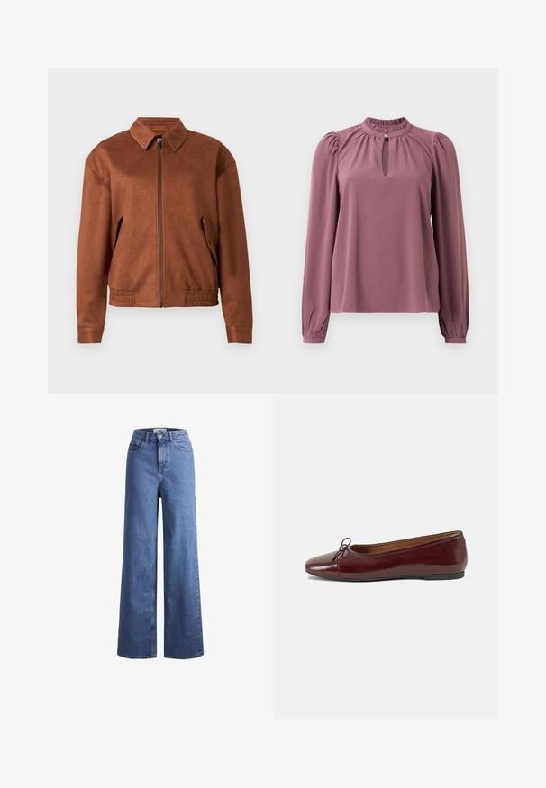 Barna velúrbőr zipzáras dzseki, gallérral, hosszú ujjakkal, elasztikus szegéllyel és oldalanként hajtókás zsebekkel, fehér háttér előtt.; Hosszan ujjú mályva blúz, gyűrt gallérral, kislyukú nyakkivágással, gombos záródással és enyhén puffos vállakkal.; Világoskék, széles szárú farmernadrág magas derékkal, két elülső zsebbel és látható varrással. Gombos és cipzáros záródás.; Burgundi lakkbőr balettcipő kerek orral, elöl kis masni díszítéssel és alacsony, fekete gumi talppal. Simára csiszolt felület.