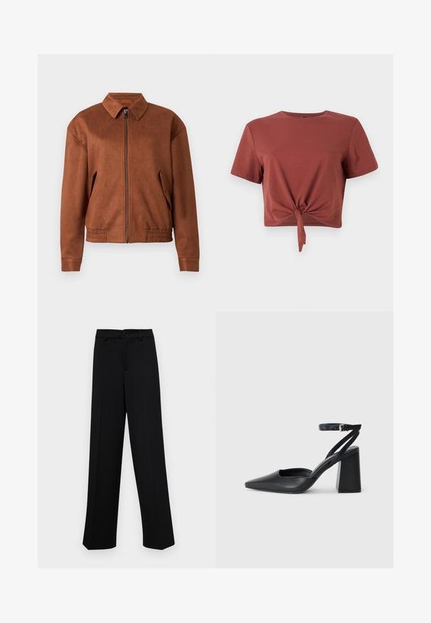 Brown suede zip-up jacket with a collar, long sleeves, elastic hem, and flap pockets on each side against a white background.; Rust-colored cropped t-shirt in soft cotton with short sleeves and a knotted front detail. Smooth texture, round neckline.; Black wide-leg trousers made of smooth fabric, featuring a classic waistband with a button closure and front pleats.; Black leather pointy-toe pump with an ankle strap and a chunky heel. Flat texture, sleek design, and minimalistic aesthetics.
