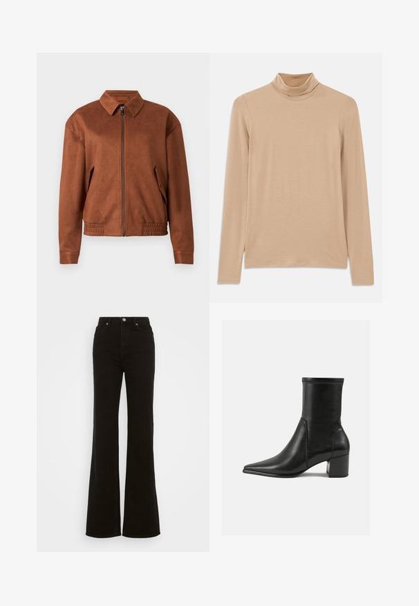 Veste zippée en daim marron avec un col, des manches longues, un ourlet élastique et des poches à rabat de chaque côté sur un fond blanc.; Haut à col roulé beige à manches longues, fabriqué en tissu doux et texturé ; présente une coupe ajustée et un col haut. Pas de motifs ni de matériel visibles.; Jean évasé noir taille haute en denim, avec une fermeture à bouton, des poches latérales et une texture lisse.; Bottine noire en cuir lisse, avec un bout pointu, un talon carré et des coutures surélevées distinctes au bord supérieur.