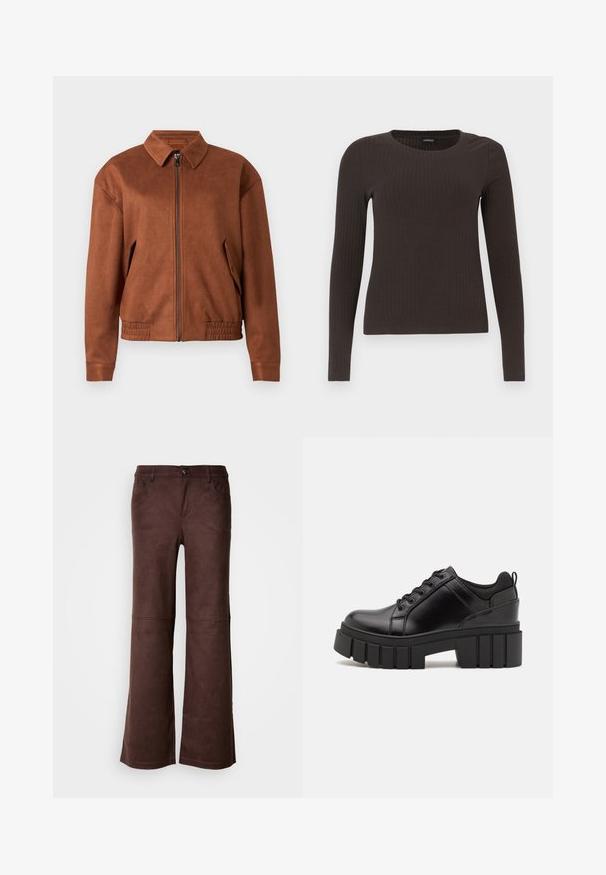 Brun ruskind zip-jakke med krave, lange ærmer, elastisk kant og klaplommer på hver side mod en hvid baggrund.; Brun langærmet ribbet top med rund halsudskæring. Fremstillet af et glat, strækbart materiale, med en tætsiddende silhuet og minimalistiske detaljer.; Brune flagrende bukser i et blødt, suede-lignende stof. Har fire lommer, en knaplukning og en glat, tekstureret overflade.; Sorte læder platform sko med en klodset blokhæl, rund tå og traditionelt snøredesign. Har en glat tekstur og minimal detaljering.