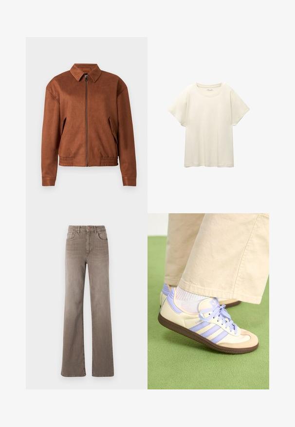 Brown suede zip-up jacket with a collar, long sleeves, elastic hem, and flap pockets on each side against a white background.; Light beige short-sleeve t-shirt with a round neckline, made of soft, smooth fabric. Features a relaxed fit and straight hemline.; Brown high-waist straight-leg jeans with front button, belt loops, and classic five-pocket design on a white background.; Cream and lavender sneakers with three stripes and a textured brown sole, featuring laces and a padded heel. Soft fabric upper.