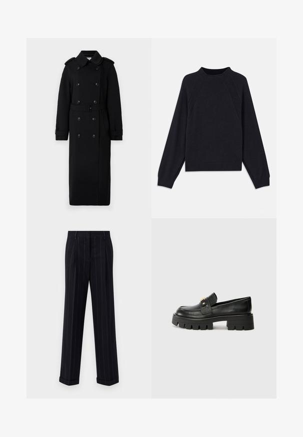Long black trench coat made of a soft, textured fabric. Features double-breasted buttons, a belted waist, and shoulder epaulettes.; Dark navy sweater with a round neckline, long raglan sleeves, ribbed cuffs, and a straight hem. Made from a soft, textured knit material.; Black pinstriped trousers with a tailored fit, featuring a cuffed hem and front pleats. Made of smooth fabric with a structured design.; Black leather loafers with a chunky sole, featuring a gold-tone accent on the front and a smooth finish. Chunky tread design on the sole.