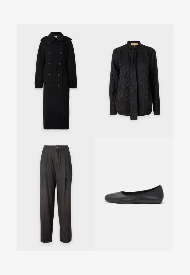 Manteau noir long en tissu doux et texturé. Il présente un système de fermeture à double boutonnage, une taille ceinturée et des épaulettes.; Blouse noire en tissu lisse, présentant un motif ton sur ton subtil, des manches longues, un col montant et une fermeture à nouer au cou.; Pantalon en denim gris foncé à taille haute, avec des plis à l'avant, des jambes droites et une fermeture à un bouton à la taille.; Ballerines en cuir noir avec un bout rond, texture lisse, détails de couture minimalistes et design de semelle flexible.