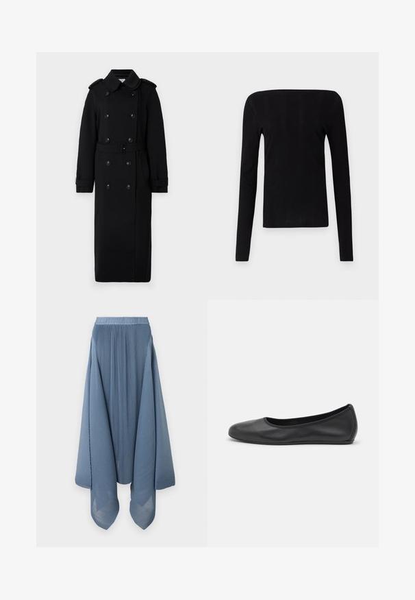 Manteau noir long en tissu doux et texturé. Il présente un système de fermeture à double boutonnage, une taille ceinturée et des épaulettes.; Haut noir à manches longues avec un décolleté droit et une texture côtelée, présentant une silhouette ajustée et sans hardware ni accents visibles.; Henrik Vibskov Jupe plissée - blue; Ballerines en cuir noir avec un bout rond, texture lisse, détails de couture minimalistes et design de semelle flexible.