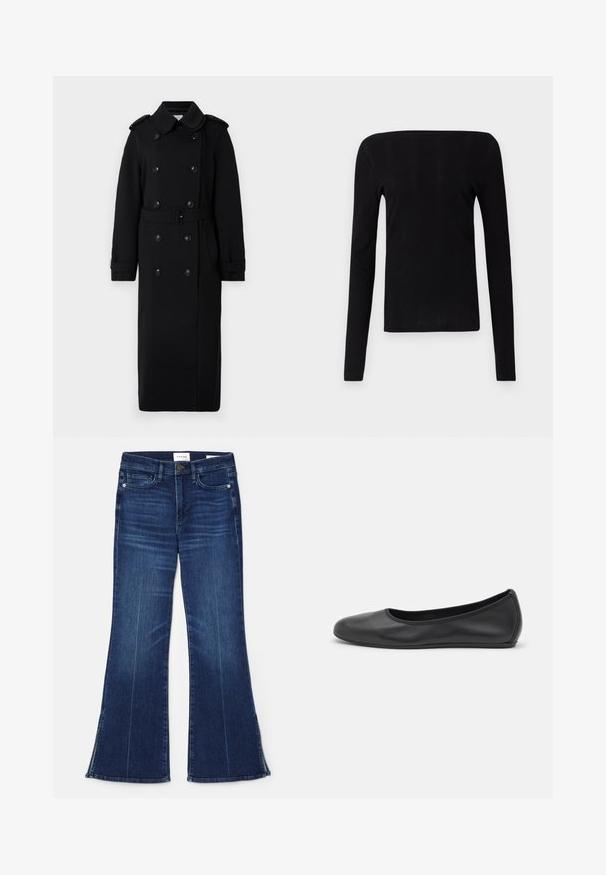 Lunga cappotto nero realizzato in un tessuto morbido e testurizzato. Presenta bottoni doppi, una vita con cintura e spalline.; Maglietta nera a maniche lunghe con scollatura dritta e texture a coste, caratterizzata da una silhouette aderente e senza hardware o dettagli visibili.; Jeans a zampa d'elefante blu scuro in denim. Caratterizzati da una vita alta, tasche anteriori e dettagli con spacco all'orlo. Design classico a cinque tasche.; Pantofole da balletto nere in pelle con punta arrotondata, texture liscia, dettagli di cucitura minimi e design con suola flessibile.