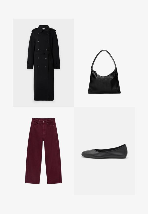 Culnot lung negru, confecționat dintr-un material moale și texturat. Dispune de nasturi dublu-butonati, un talie cu curea și epauleți pe umeri.; Top negru cu mâneci lungi, cu un decolteu drept și textură nervurată, având o siluetă ajustată și fără elemente de hardwear sau accente vizibile.; Jeans larghi de culoare burgundy, fabricate din denim din bumbac, având un design cu patru buzunare și închidere cu buton metalic, cu cusături corespunzătoare.; Balerini din piele neagră, cu vârf rotund, textură netedă, detalii de cusătură minimale și un design al tălpii flexibil.; Geantă de umăr din piele neagră cu o textură netedă, un vârf curbat și o singură curea. Dispune de un sistem de închidere prin fermoar și un design minimalist.