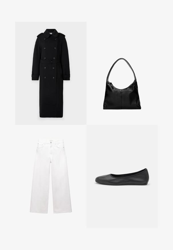 Long black trench coat made of a soft, textured fabric. Features double-breasted buttons, a belted waist, and shoulder epaulettes.; Black long-sleeve top with a straight neckline and ribbed texture, featuring a fitted silhouette and no visible hardware or accents.; White wide-leg jeans made of cotton, featuring a high waist, five-pocket design, and brass hardware accents. Smooth, non-distressed texture.; Black leather ballet flat with a rounded toe, smooth texture, minimal stitching detail, and a flexible sole design.; Black leather shoulder bag with a smooth texture, a curved top, and a single strap. Features a zipper closure and minimalist design.