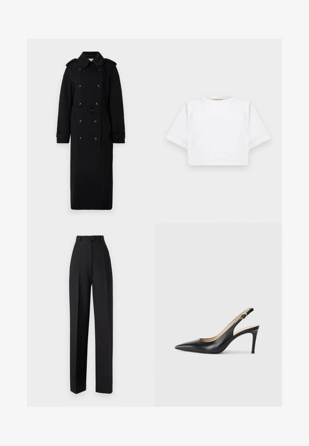 Pikk must trench coat, mis on valmistatud pehmest, tekstuuriga kangast. Omab kahe ridvaga nuppe, vööd ja õlavarre epaulette.; Lühikeste varrukatega, pehmest kangast lõigatud valge T-särk, millel on ümar kaelus ja soonikuga ääred. Lihtne ja ilma kaunistusteta disain.; Mustad kõrge vöökohaga püksid plisseeringutega, millel on kohandatud disain ja sirged jalad. Valmistatud siledast kangast, minimaalne detailide hulk.; Mustad nahast seljataga kõrged kontsad, kellel on terav varvas, reguleeritav rihm ja sujuva viimistlusega stiilne stiletto konts.