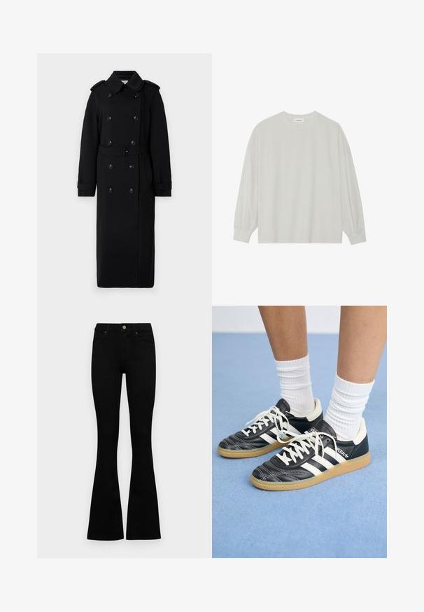 Long black trench coat made of a soft, textured fabric. Features double-breasted buttons, a belted waist, and shoulder epaulettes.; Light gray long-sleeve t-shirt made of soft cotton. Features a loose fit, round neckline, and gently gathered cuffs. No patterns or graphics.; Black high-waist jeans with a button and zip closure, front pockets, and flared legs laid flat on a white background.; Black leather sneakers with white stripes, round toe, white laces, and gum rubber sole. Accentuated by padded collar and branding details.