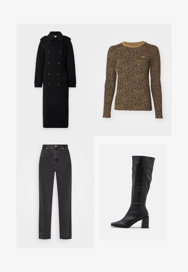 Langer schwarzer Trenchcoat aus einem weichen, strukturierten Stoff. Verfügt über eine doppelte Knopfleiste, eine taillierte Taille und Schulterklappen.; Braunes langärmeliges T-Shirt mit Leopardenmuster, Rundhalsausschnitt und leichtem Stretch. Kleines Logo-Label auf der Vorderseite.; Schwarze Denim-Jeans mit geradem Bein, hoher Taille, vorderem Knopf und Reißverschluss sowie fünf Taschen auf weißem Hintergrund.; RAID BLICK - Stiefel - black