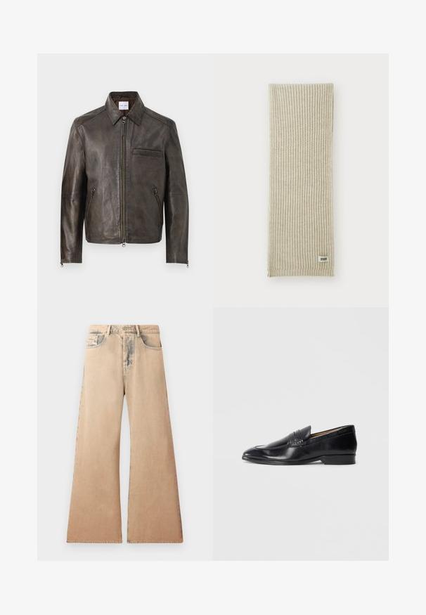 Rjav usnjeni jopič z zadrgo spredaj, gumbastim ovratnikom in enim žepom na prsih. Ima zadrgo ob straneh in gladko teksturo.; Bela srajca z dolgimi rokavi iz teksturirane tkanine, s klasičnim ovratnikom, sprednjim gumbom in ravnim robom, sproščenega kroja.; Bež džins hlače širokih nogavica z izbledelim teksturo, petimi žepi in šivanim detajlom ob šivih. Pas ima klasično gumbno zapiranje.; Črni usnjeni loferji z gladko površino, podolgovat vrh in subtilne šive. Imajo ravno peto in embosirano logo na strani.; Bež pletena šal z vertikalno rebrasto teksturo. Na enem koncu je majhna oznaka iz blaga z napisom "DRYARN". Mehak, lahek material.